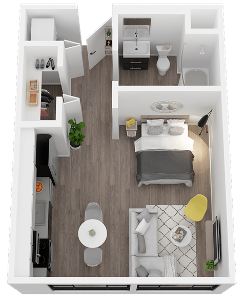 Floor plan for studio, 1 bath, 496 sqft