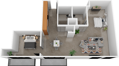 Floor plan for 1 bed, 2 baths, 1020 sqft