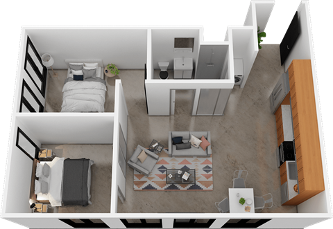 Floor plan for 2 beds, 1 bath, 745 sqft