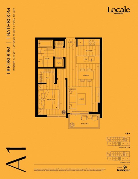 Floor plan for 1 bed, 1 bath, 524 sqft