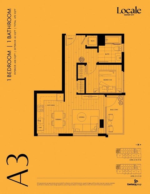 Floor plan for 1 bed, 1 bath, 608 sqft