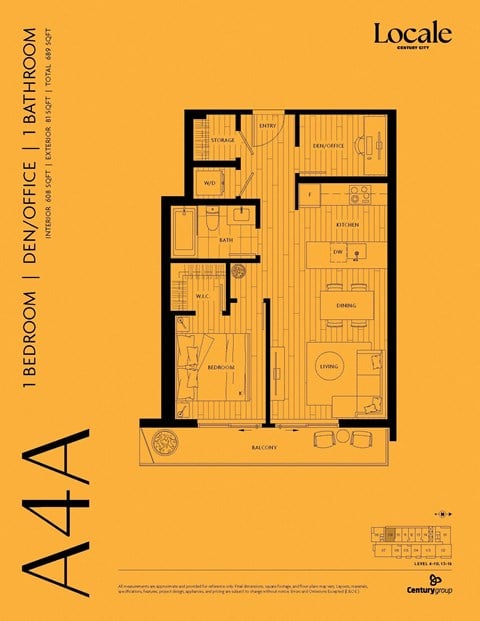 Floor plan for 1 bed, 1 bath, 608 sqft