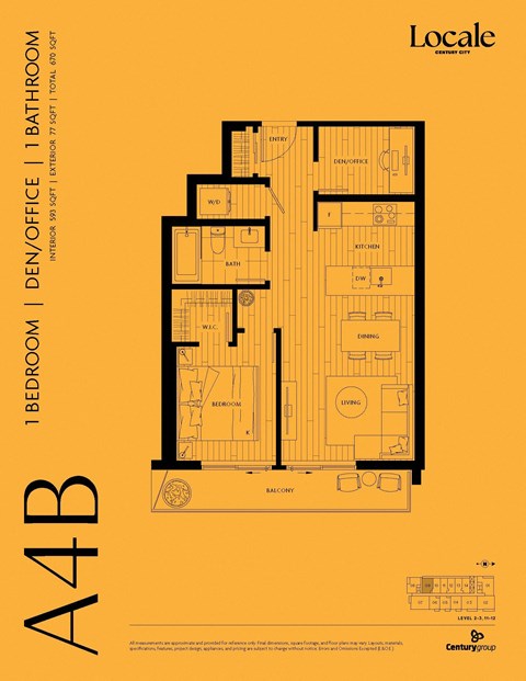 Floor plan for 1 bed, 1 bath, 593 sqft