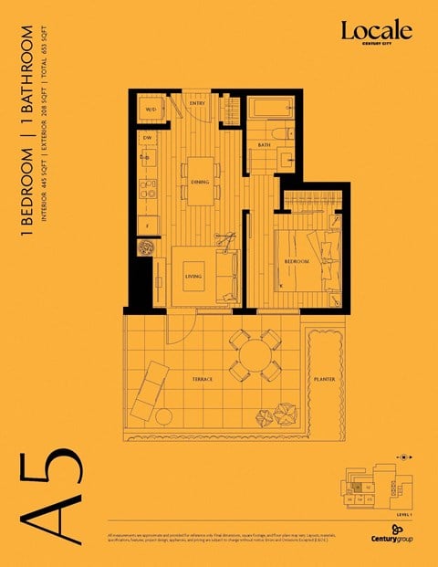 Floor plan for 1 bed, 1 bath, 445 sqft