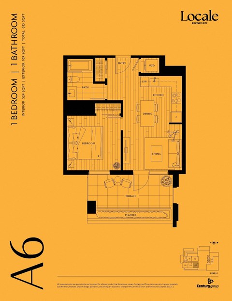 Floor plan for 1 bed, 1 bath, 524 sqft