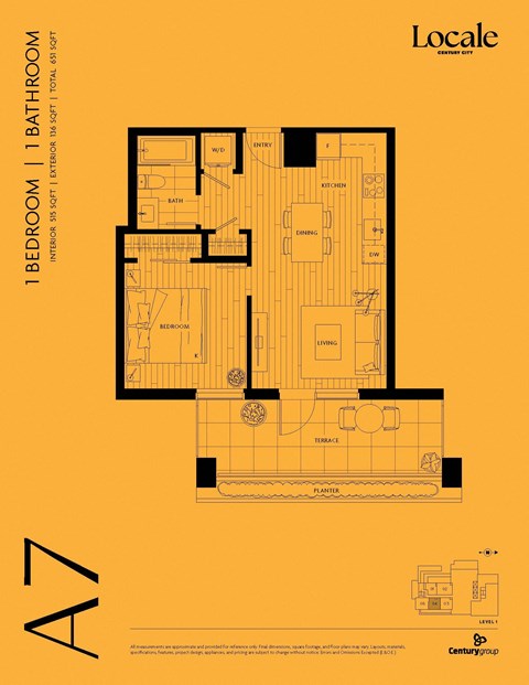 Floor plan for 1 bed, 1 bath, 515 sqft