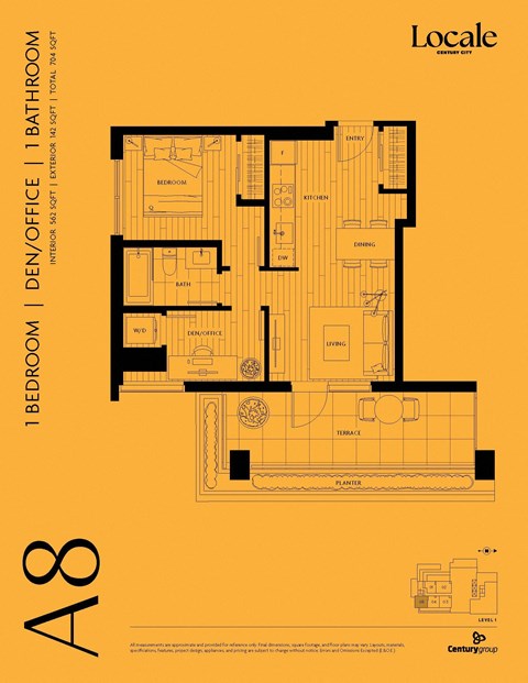 Floor plan for 1 bed, 1 bath, 562 sqft