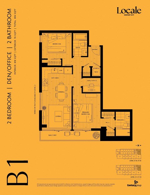 Floor plan for 2 beds, 2 baths, 818 sqft