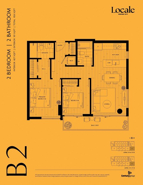 Floor plan for 2 beds, 2 baths, 827 sqft