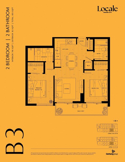 Floor plan for 2 beds, 2 baths, 743 sqft