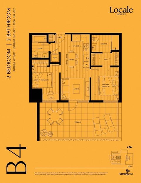 Floor plan for 2 beds, 2 baths, 677 sqft
