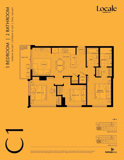 Floor plan for 3 beds, 2 baths, 901 sqft