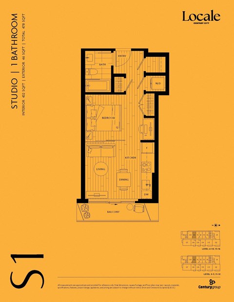 Floor plan for studio, 1 bath, 432 sqft