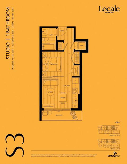 Floor plan for studio, 1 bath, 413 sqft