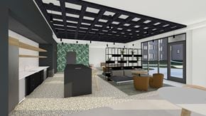 Maplewood apartment for rent - A modern office space with a black ceiling and a patterned carpet.