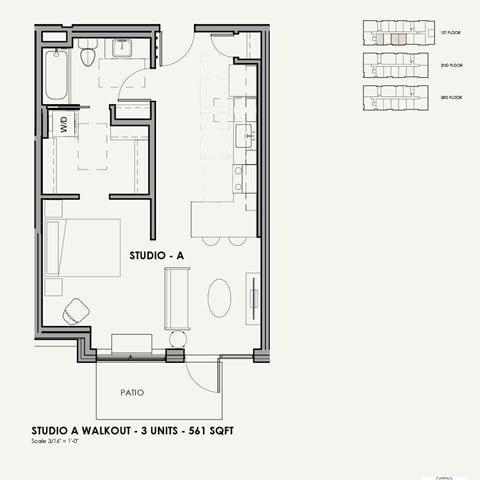 Floor plan for studio, 1 bath, 561 sqft
