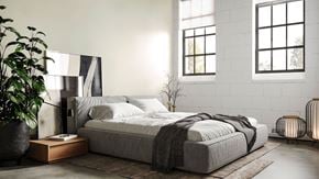 St Paul apartment for rent - A modern bedroom with a large bed and a potted plant.