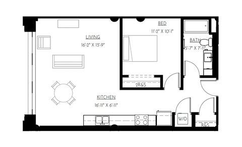 Floor plan for 1 bed, 1 bath, 682 sqft