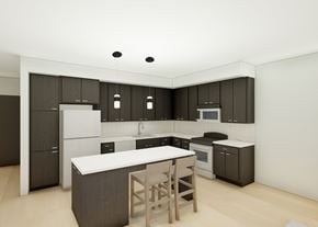 Maplewood apartment for rent - A modern kitchen with a white island and dark brown cabinets.