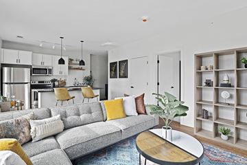 Omaha apartment for rent - A grey couch with yellow pillows sits in a modern living room.