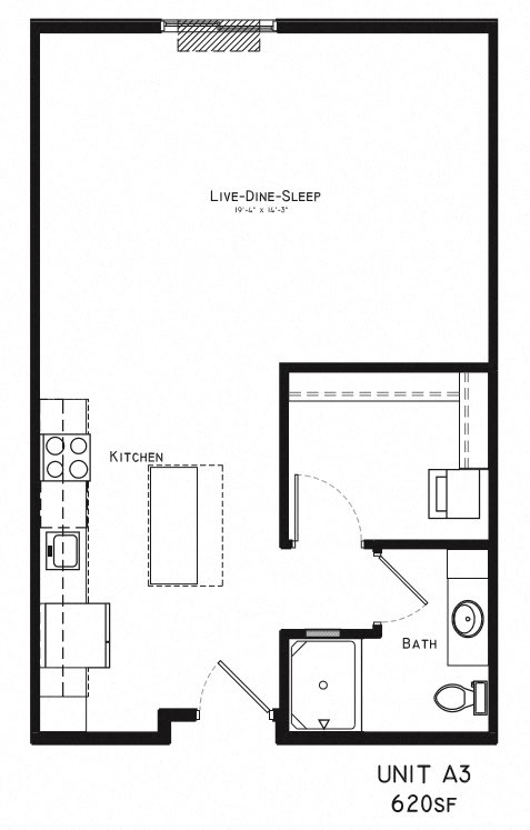 Floor plan for studio, 1 bath, 578 sqft