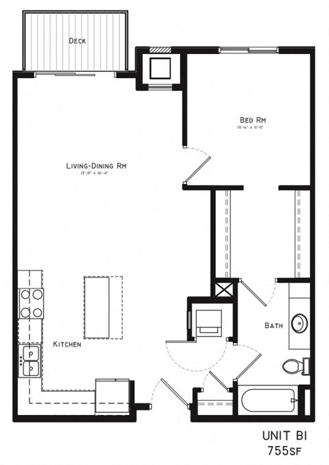 Floor plan for 1 bed, 1 bath, 750 sqft