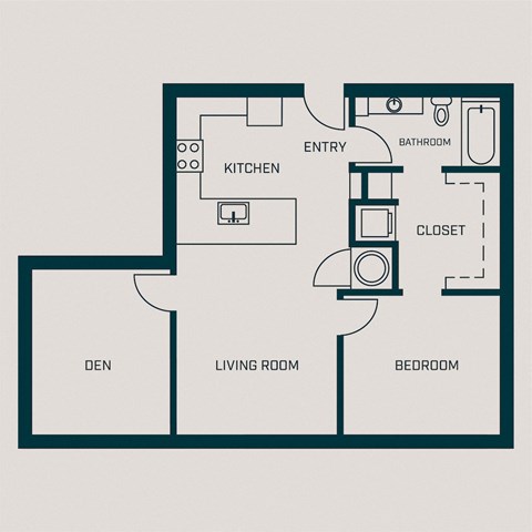 Floor plan for 1 bed, 1 bath, 833 sqft