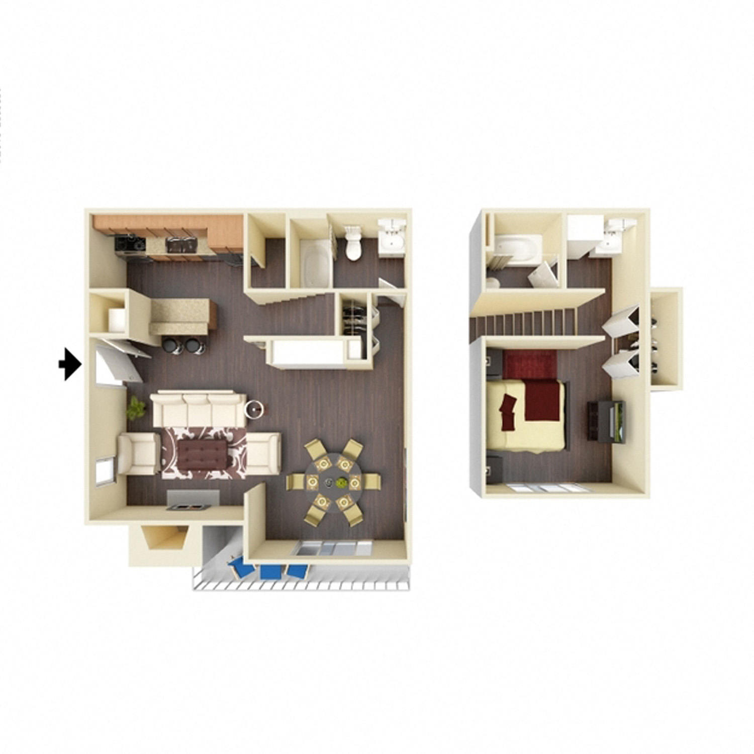 Floor plan for 1 bed, 2 baths, 900 sqft