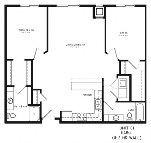 Floor plan for 2 beds, 2 baths, 1154 sqft