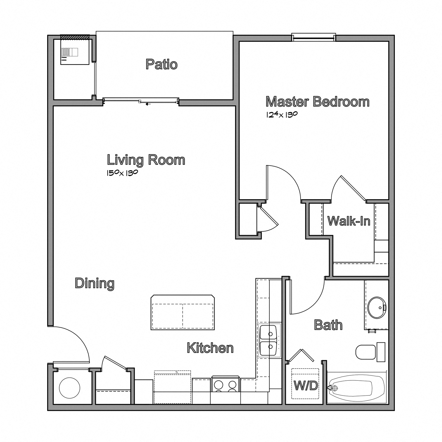 Floor plan for 1 bed, 1 bath, 823 sqft