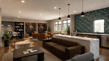 Gretna townhouse for rent - A modern living room with a dark brown sofa and a coffee table.