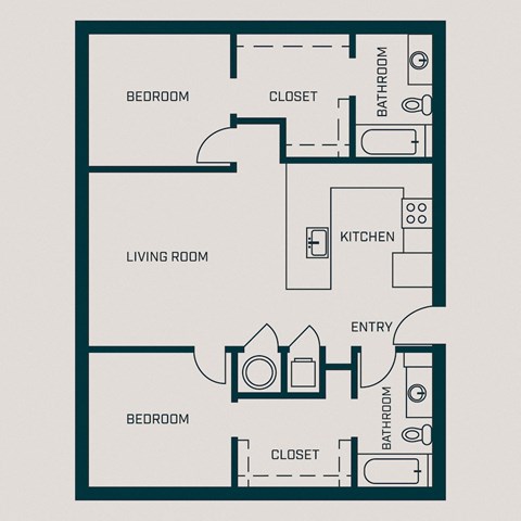 Floor plan for 2 beds, 2 baths, 1009 sqft