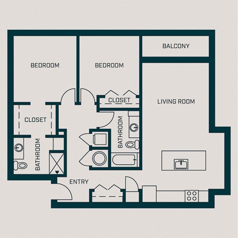 Floor plan for 2 beds, 2 baths, 1105 sqft