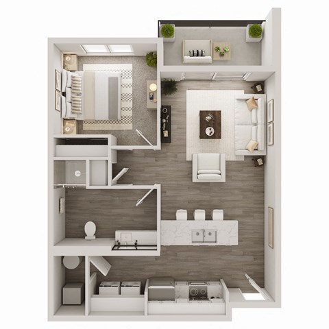 Floor plan for 1 bed, 1 bath, 734 sqft
