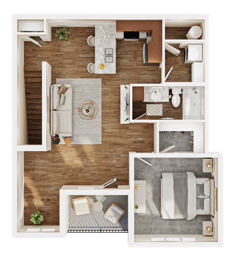 Floor plan for 1 bed, 1 bath, 894 sqft