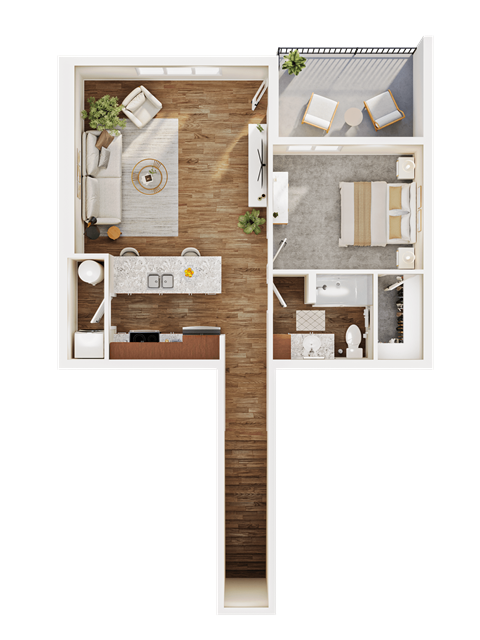 Floor plan for 1 bed, 1 bath, 755 sqft