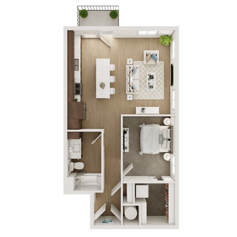 Floor plan for 1 bed, 1 bath, 677 sqft