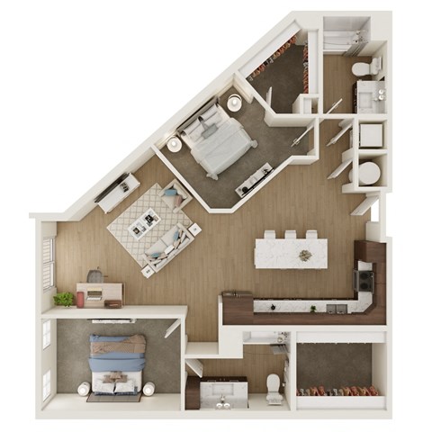 Floor plan for 2 beds, 2 baths, 1163 sqft