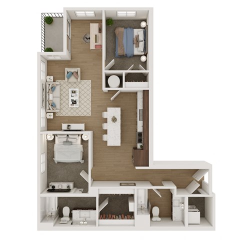 Floor plan for 2 beds, 2 baths, 951 sqft
