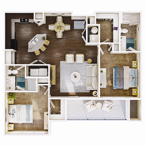 Floor plan for 2 beds, 2 baths, 1077 sqft