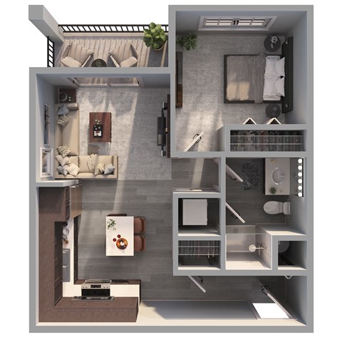 Floor plan for 1 bed, 1 bath, 687 sqft