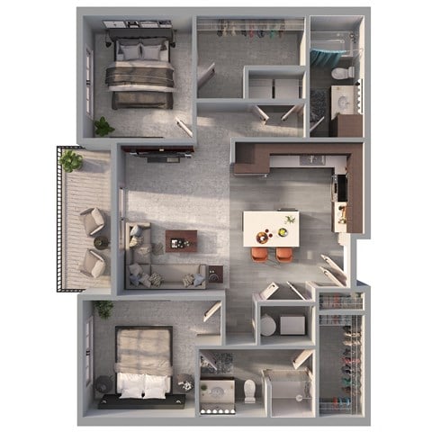 Floor plan for 2 beds, 2 baths, 907 sqft