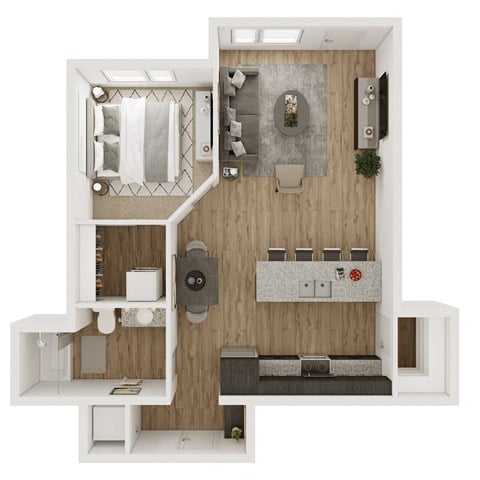 Floor plan for 1 bed, 1 bath, 729 sqft