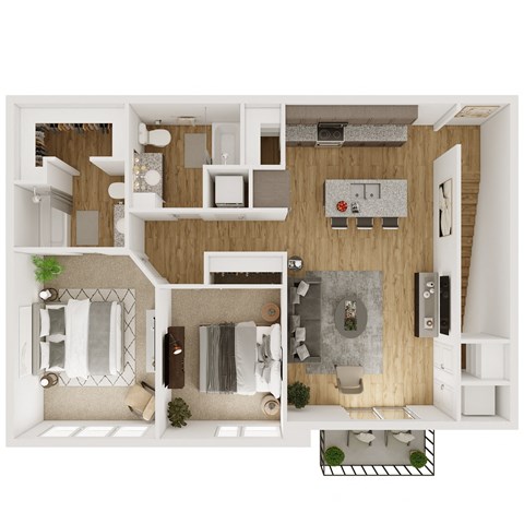 Floor plan for 2 beds, 2 baths, 1021 sqft