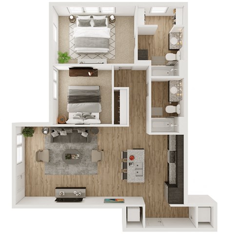 Floor plan for 2 beds, 2 baths, 997 sqft