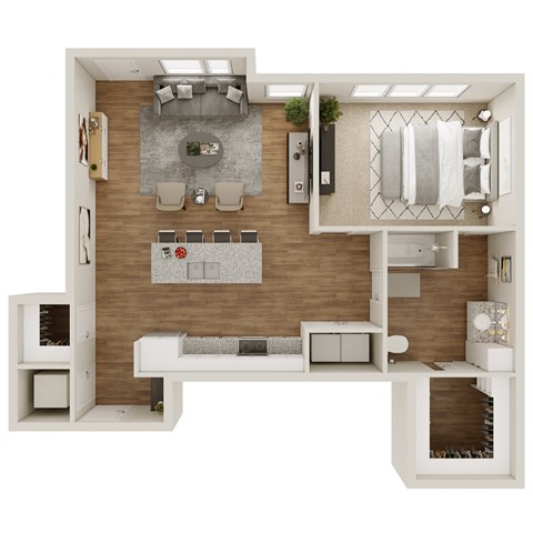 Floor plan for 1 bed, 1 bath, 884 sqft
