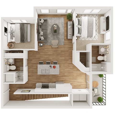 Floor plan for 2 beds, 2 baths, 998 sqft