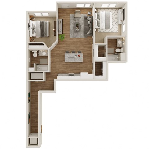 Floor plan for 2 beds, 2 baths, 1078 sqft