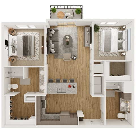 Floor plan for 2 beds, 2 baths, 1020 sqft