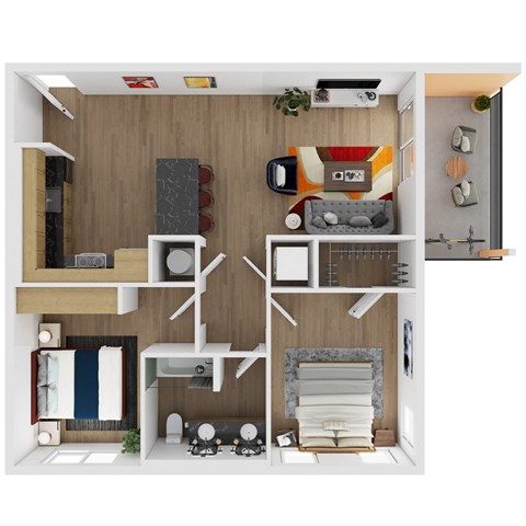 Floor plan for 2 beds, 1 bath, 883 sqft